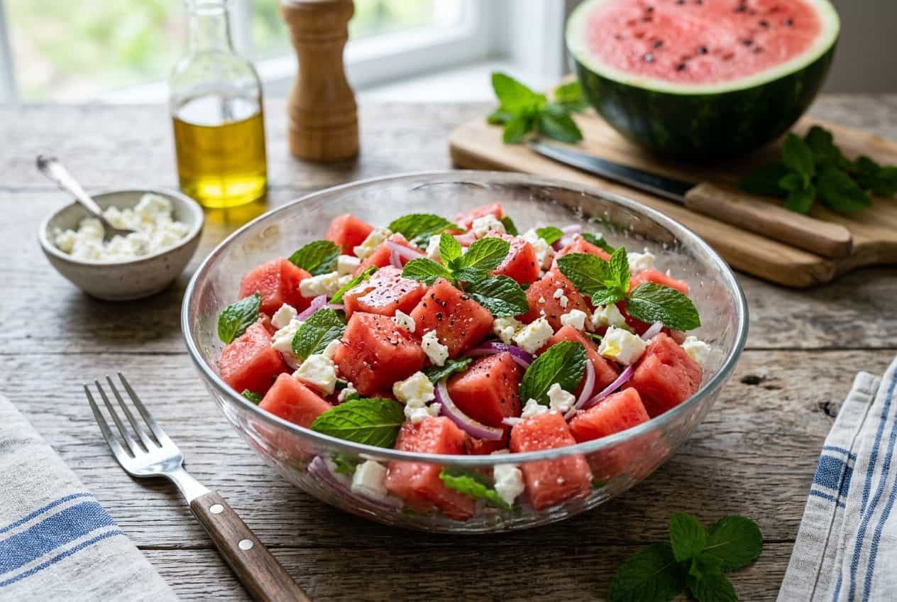 A wide wooden bowl filled with bright pink watermelon cubes, crumbled white feta, and scattered fresh mint leaves, with a halved lime resting alongside.
