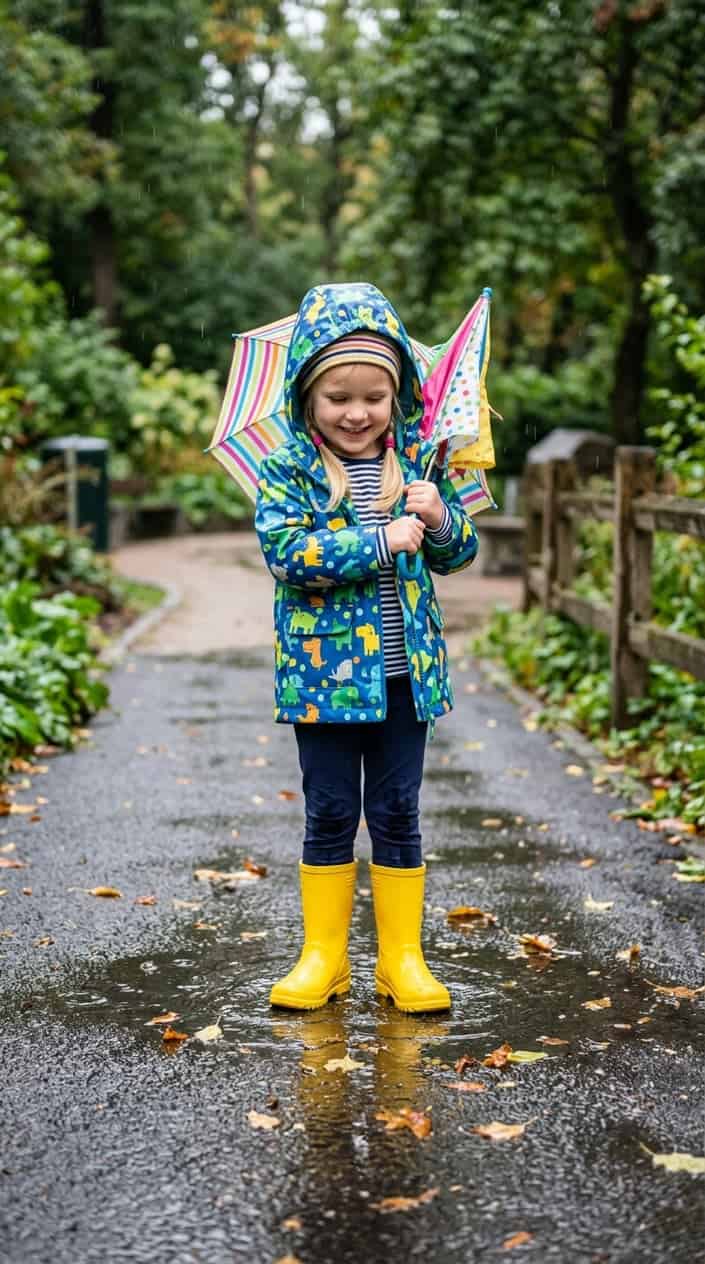 Little Girl Outfits She Won't Refuse to Wear 16 A young girl wearing bright yellow rain boots stands outdoors on a rainy day with puddles around her.