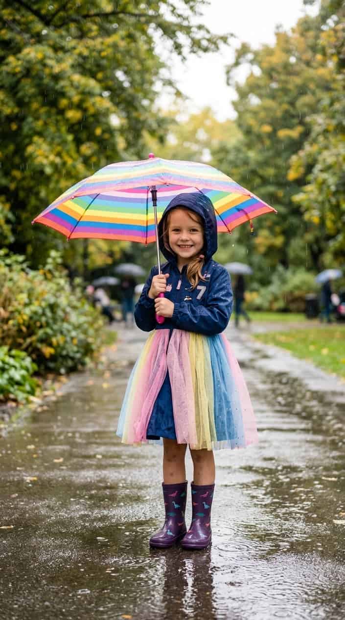 Little Girl Dress Styles for a Rainy Birthday Party 2 A young girl wearing a waterproof dress with a hood stands outside in the rain holding an umbrella.