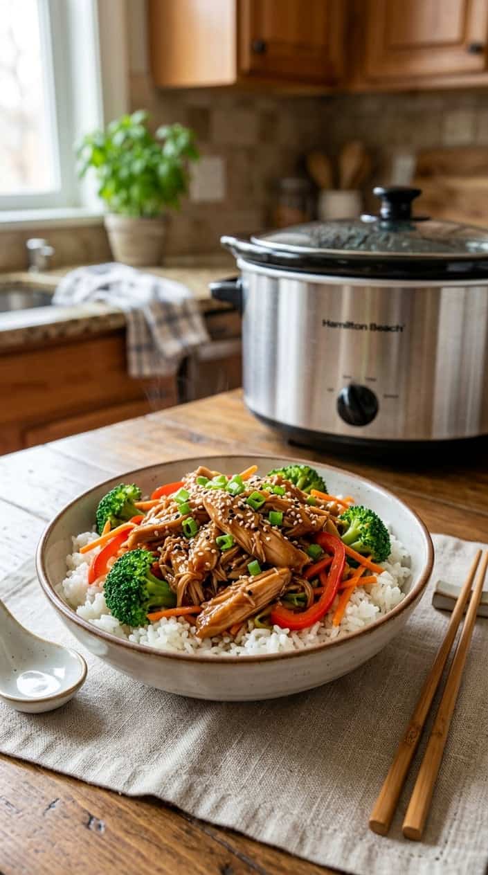 A wide bowl of glossy teriyaki chicken over steamed white rice with bright broccoli and orange carrot coins, with a slow cooker visible on the kitchen counter behind it.
