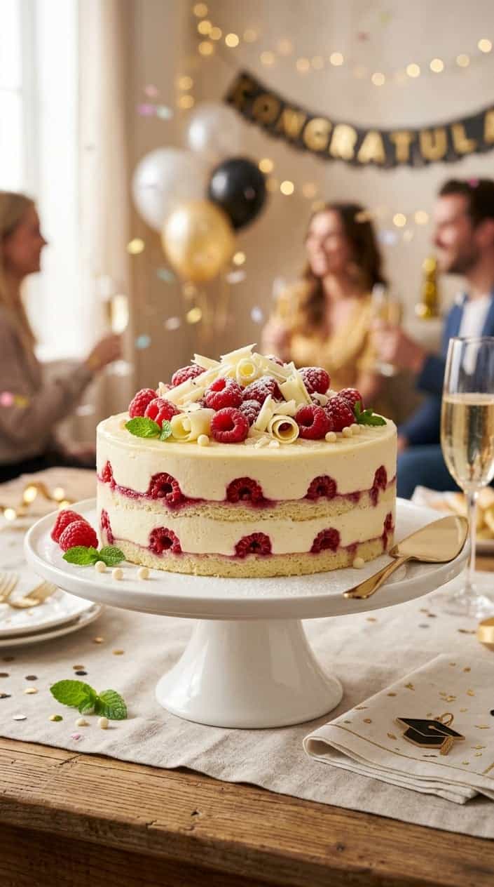 A white chocolate raspberry mousse cake decorated with fresh raspberries and white chocolate shavings on a white cake stand.