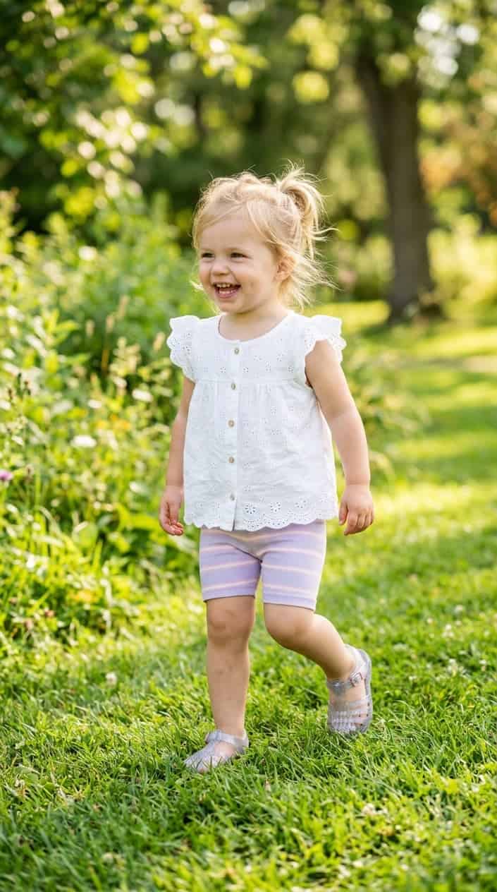 Easy Mix-and-Match Toddler Girl Summer Outfits 7 A toddler girl standing outside on grass wearing a white eyelet top, pastel bike shorts, and jelly sandals.