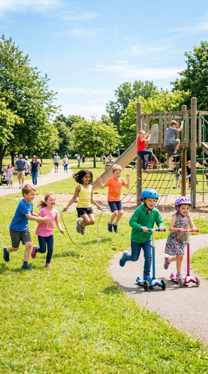 Children playing and engaging in various physical activities outdoors in a sunny park.