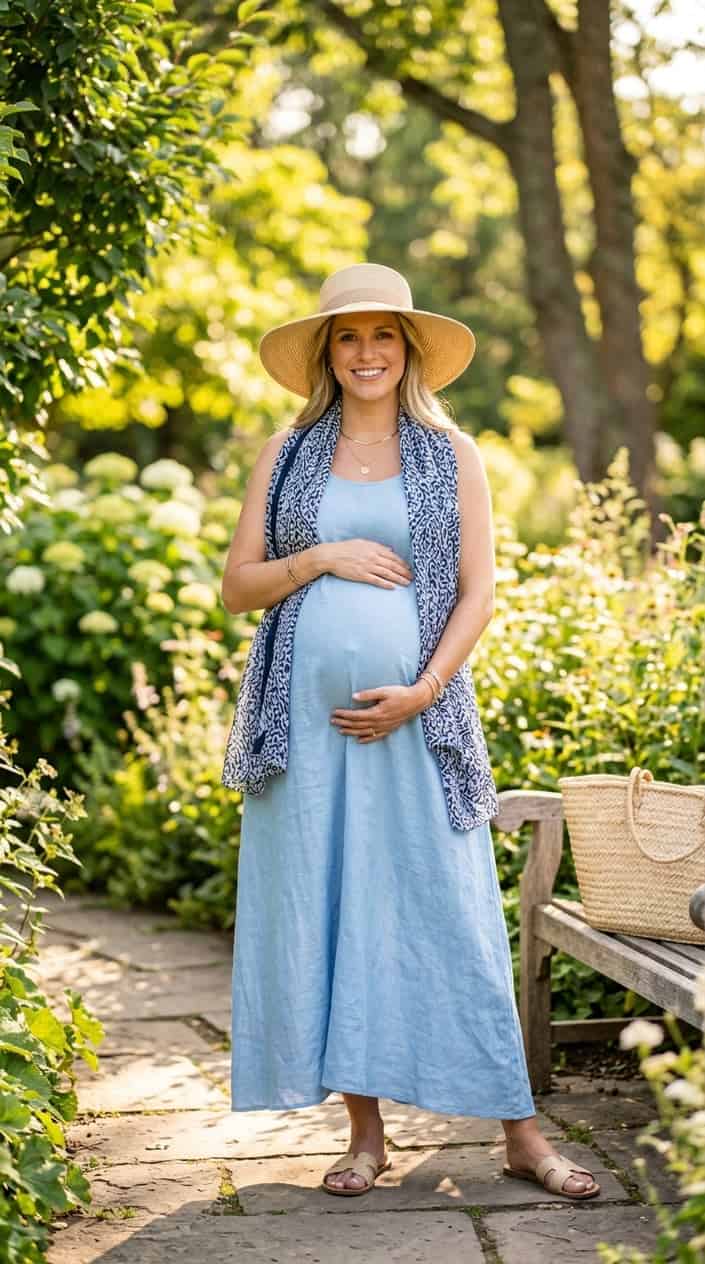Pregnancy Outfits for a Hot Summer 12 Pregnant woman outdoors wearing a wide-brim straw hat and a UPF scarf on a sunny summer day, gently holding her baby bump.