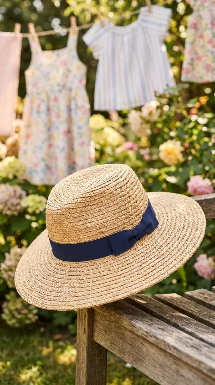Retro-Inspired Summer Outfits for Girls 12 Close-up of a wide-brim straw hat with a grosgrain band resting outdoors on a summer day.