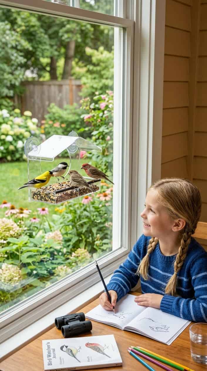 A child inside a house watching colorful birds feeding at a window-mounted bird feeder attached outside the window.