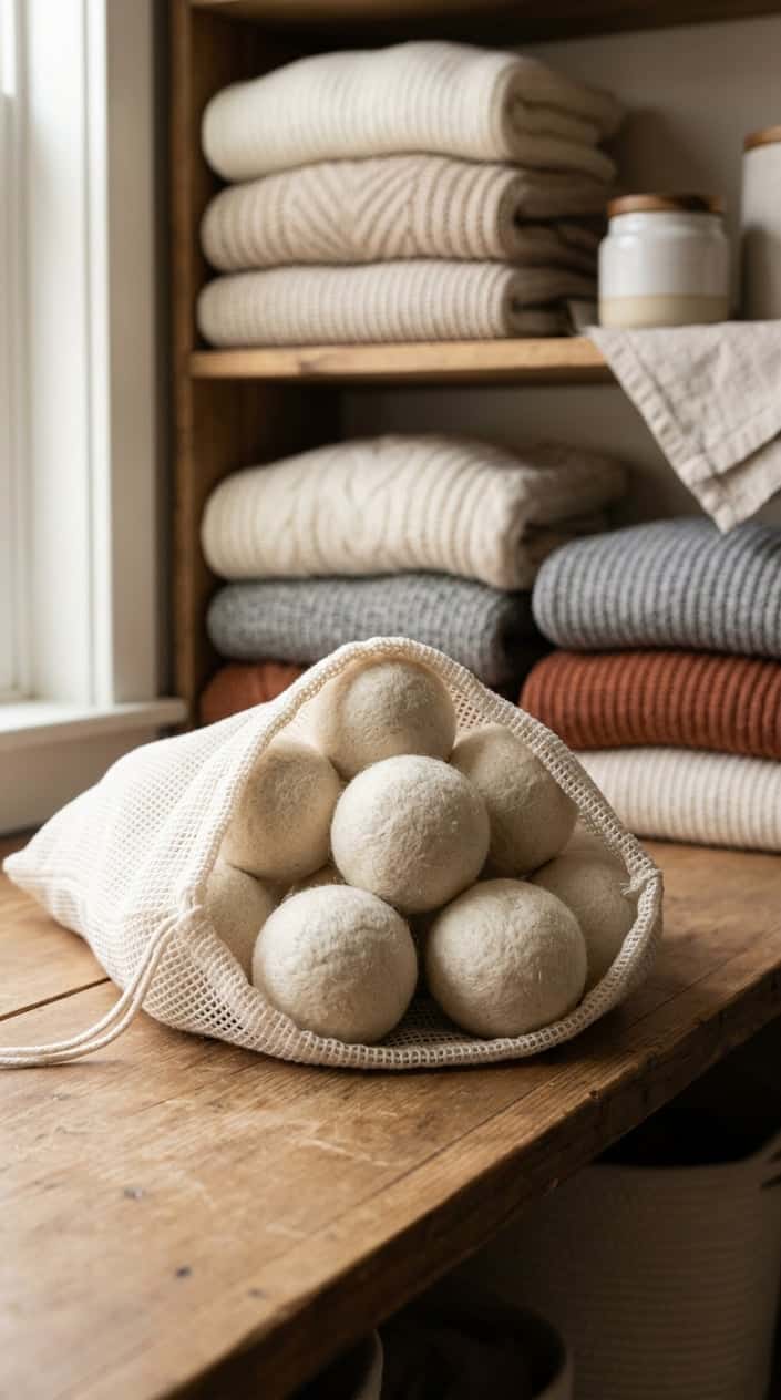 Wool dryer balls inside a white mesh laundry bag placed near folded knit sweaters on wooden shelves in a tidy laundry area.