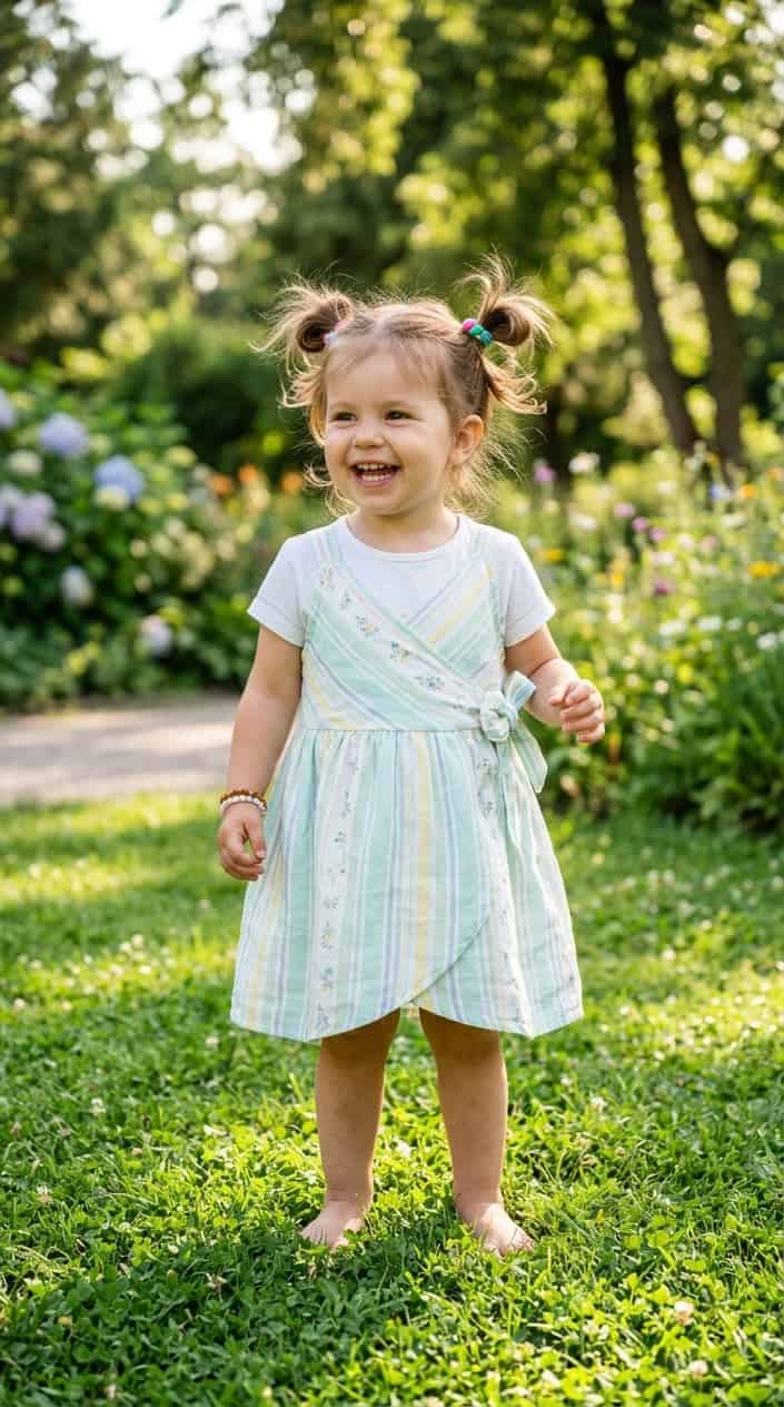 12 Cute Summer Dress Ideas for Toddler Girls Who Hate Wearing Dresses 9 Toddler girl standing outside wearing a wrap-front sun dress layered over a short-sleeve tee, smiling and enjoying a sunny day.