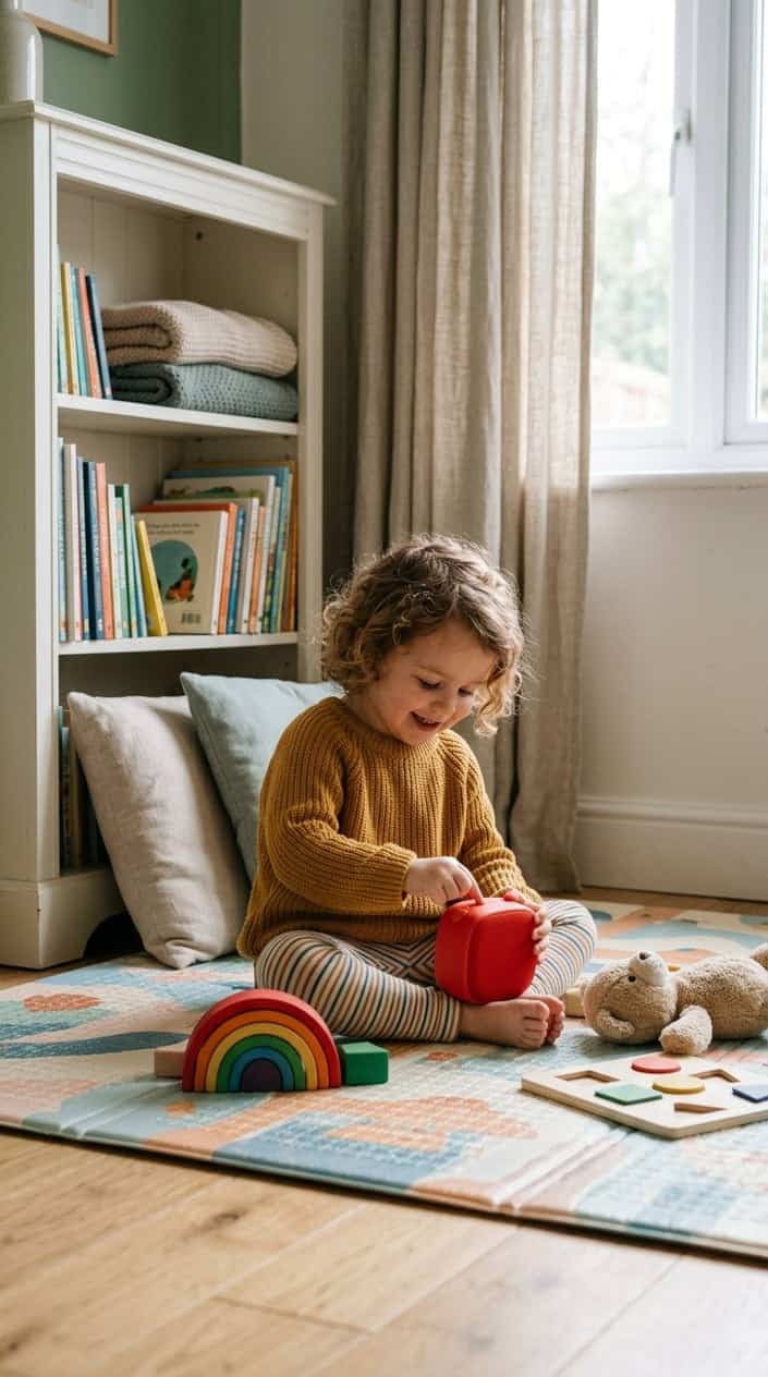 A young child playing with a Yoto Mini Audio Player surrounded by quiet baby toys on a colorful play mat in a cozy living room.