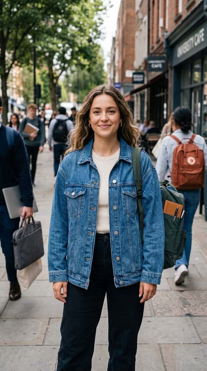A young woman wearing an oversized denim jacket standing outdoors in a city setting with back-to-school items around her.