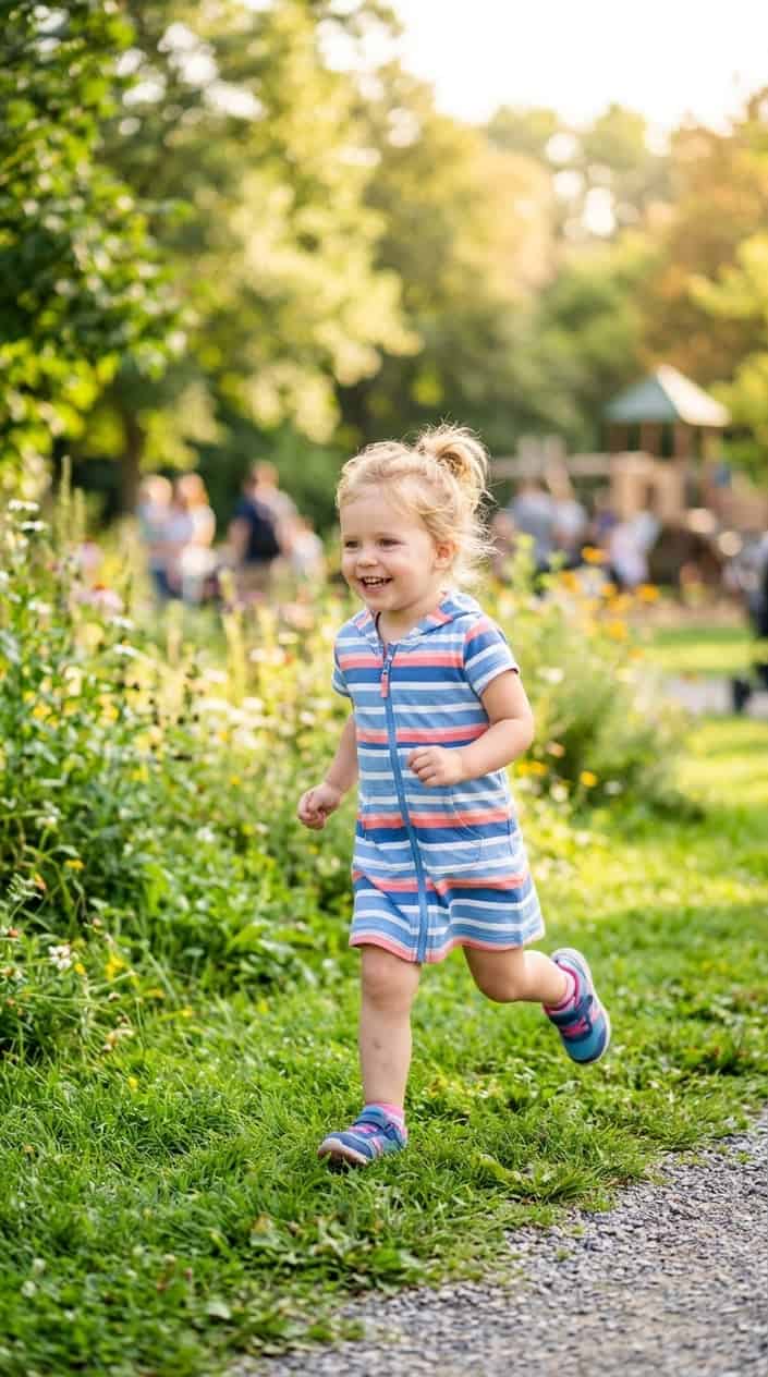 12 Cute Summer Dress Ideas for Toddler Girls Who Hate Wearing Dresses 12 A toddler girl playing outdoors in a zip-front hooded dress on a sunny summer day.