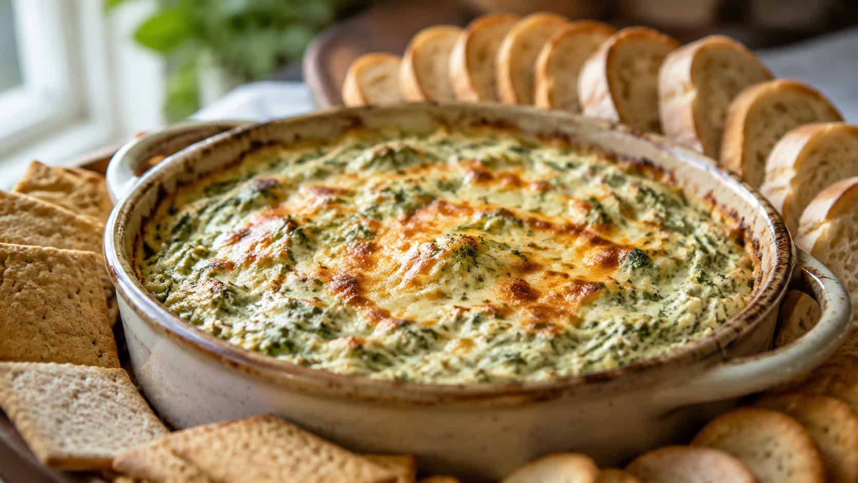 bubbling spinach artichoke dip in a rustic baking dish in a wide horizontal shot, golden cheese on top, crackers and bread fanned around it, warm natural light, shallow depth of field, landscape orientation