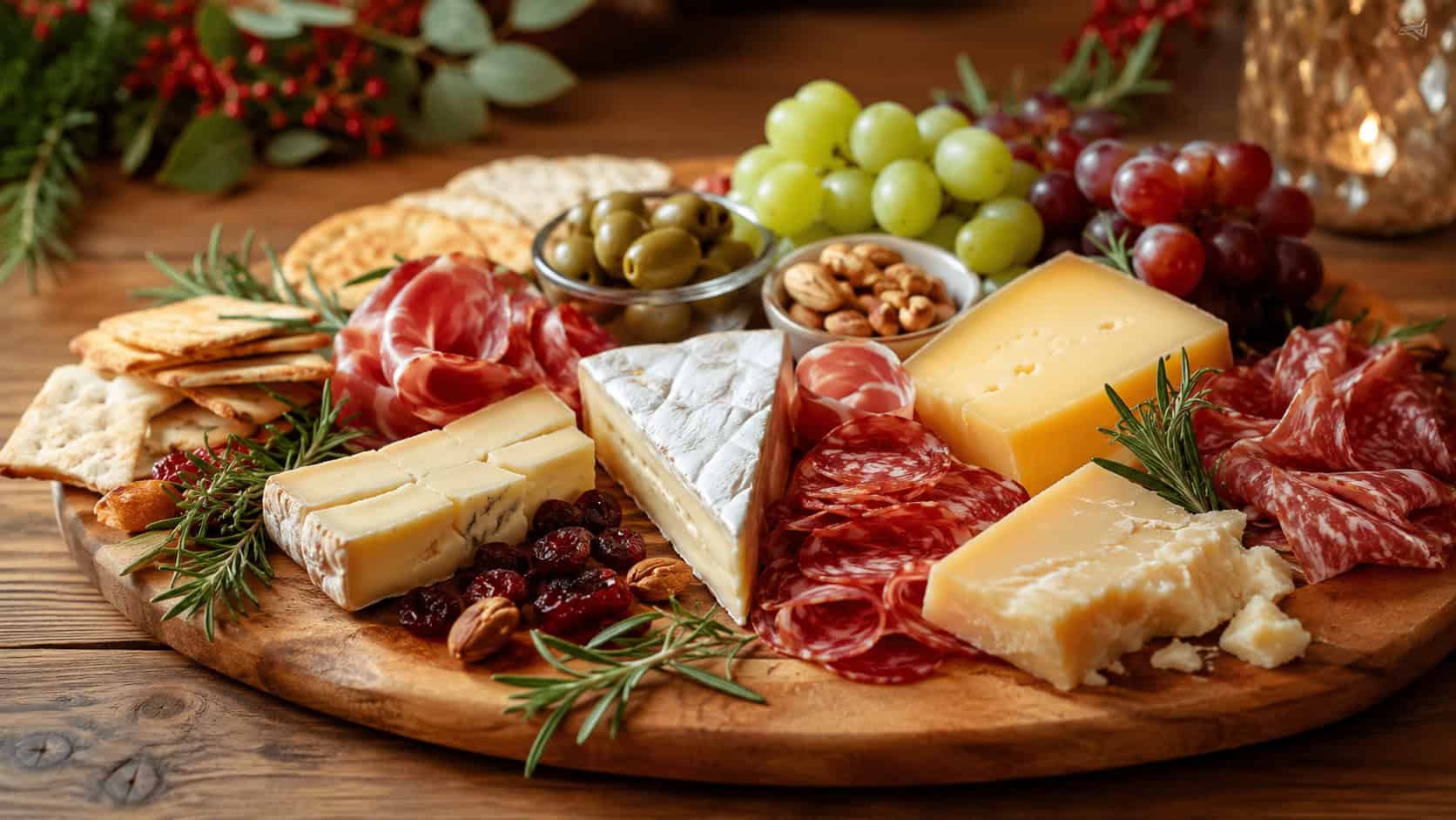 an abundant holiday cheese board on a wooden surface in a wide horizontal shot, wedges of cheese, cured meats, grapes, nuts, and rosemary sprigs, warm natural light, shallow depth of field, landscape orientation