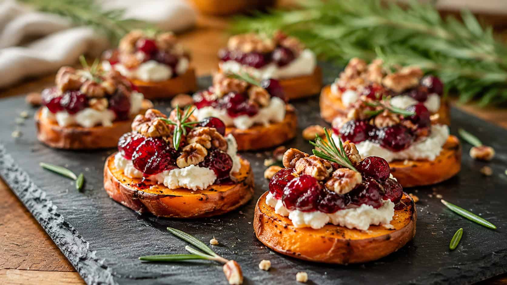roasted sweet potato rounds topped with creamy cheese, cranberry, and pecans on a slate board in a wide horizontal shot, rosemary garnish, warm natural light, shallow depth of field, landscape orientation