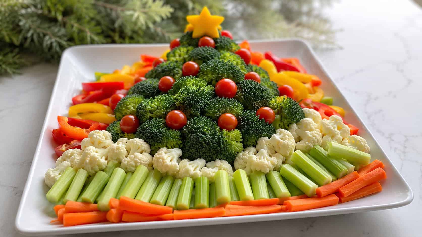 a Christmas tree shaped vegetable platter on a white surface in a wide horizontal shot, broccoli tree dotted with cherry tomatoes, bell pepper star on top, bright natural light, shallow depth of field, landscape orientation