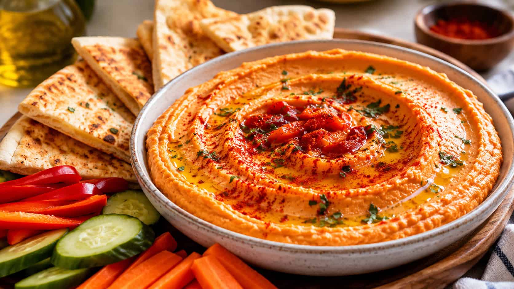 creamy roasted red pepper hummus swirled in a shallow bowl in a wide horizontal shot, drizzle of olive oil and paprika on top, pita wedges and veggies alongside, warm natural light, shallow depth of field, landscape orientation