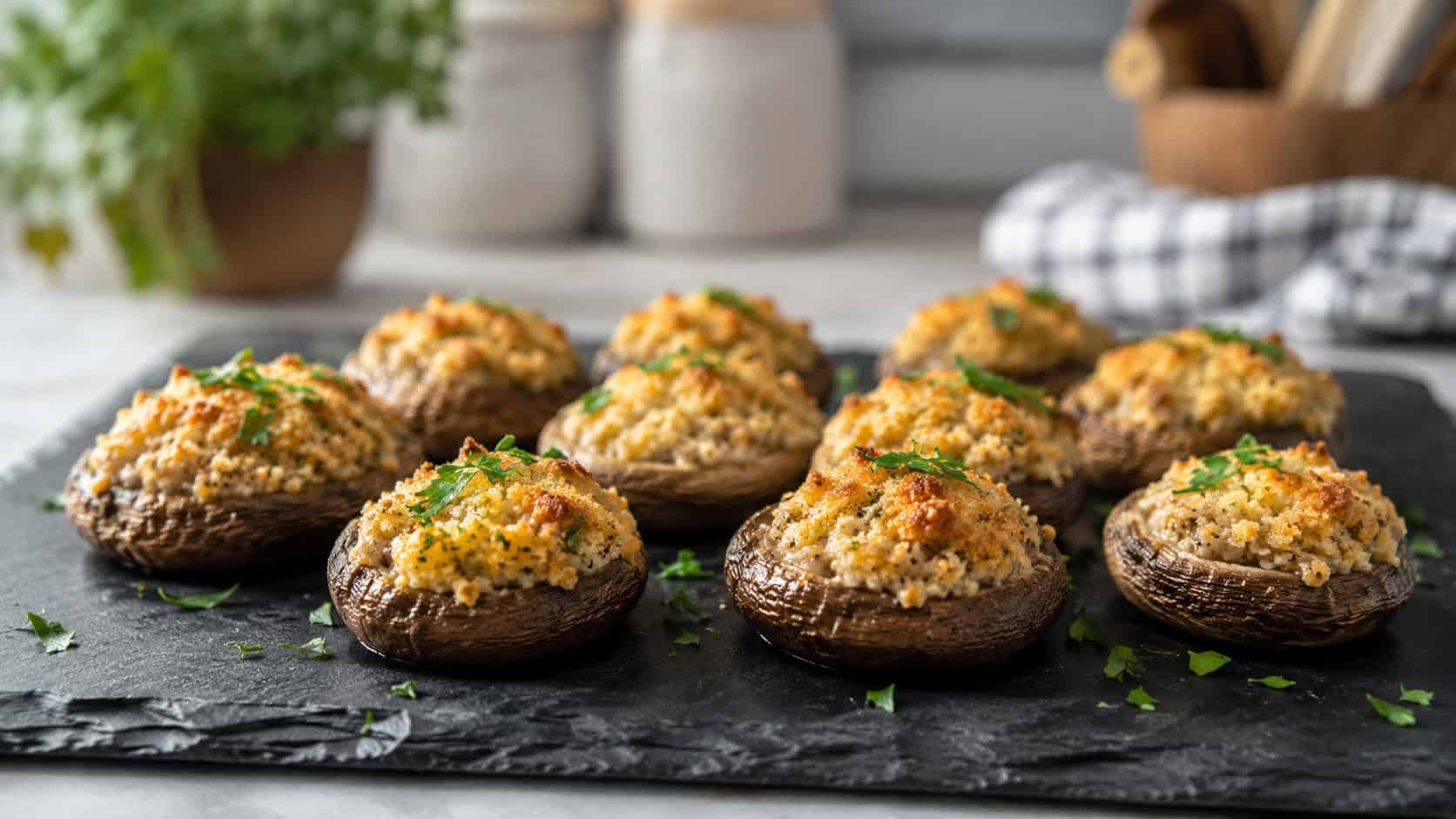 golden stuffed mushroom caps arranged on a slate serving board in a wide horizontal shot, garnished with chopped parsley, soft kitchen background, natural light, shallow depth of field, landscape orientation