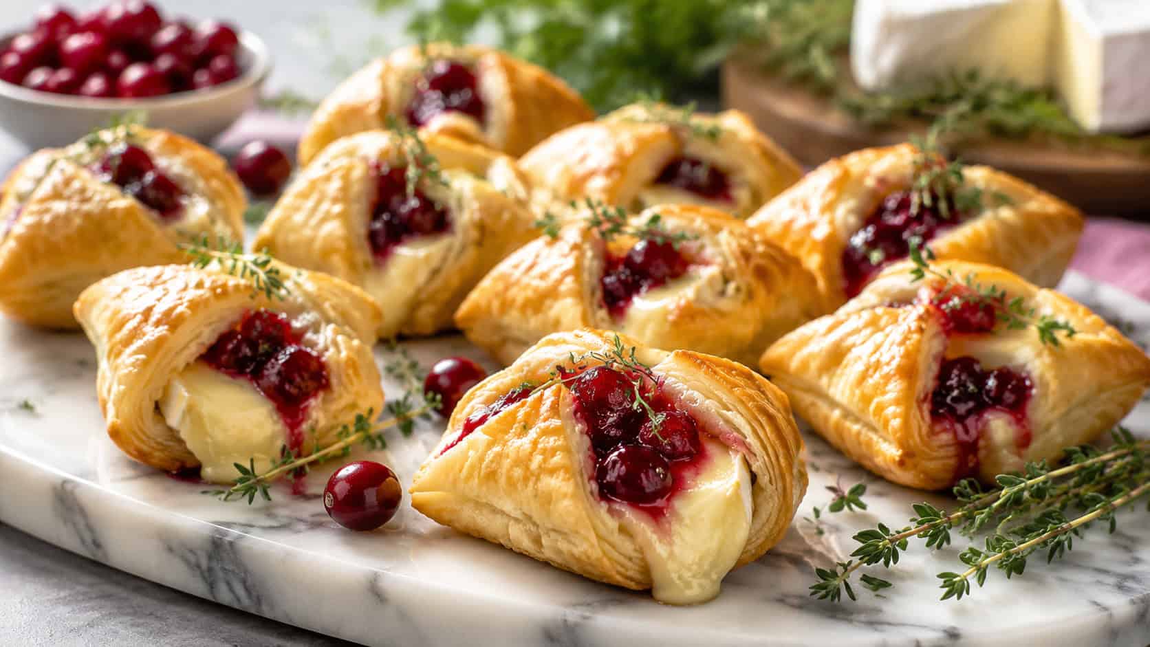 golden brie and cranberry pastry bites on a marble platter in a wide horizontal shot, ruby cranberry peeking from flaky pastry, sprigs of thyme, soft natural light, shallow depth of field, landscape orientation