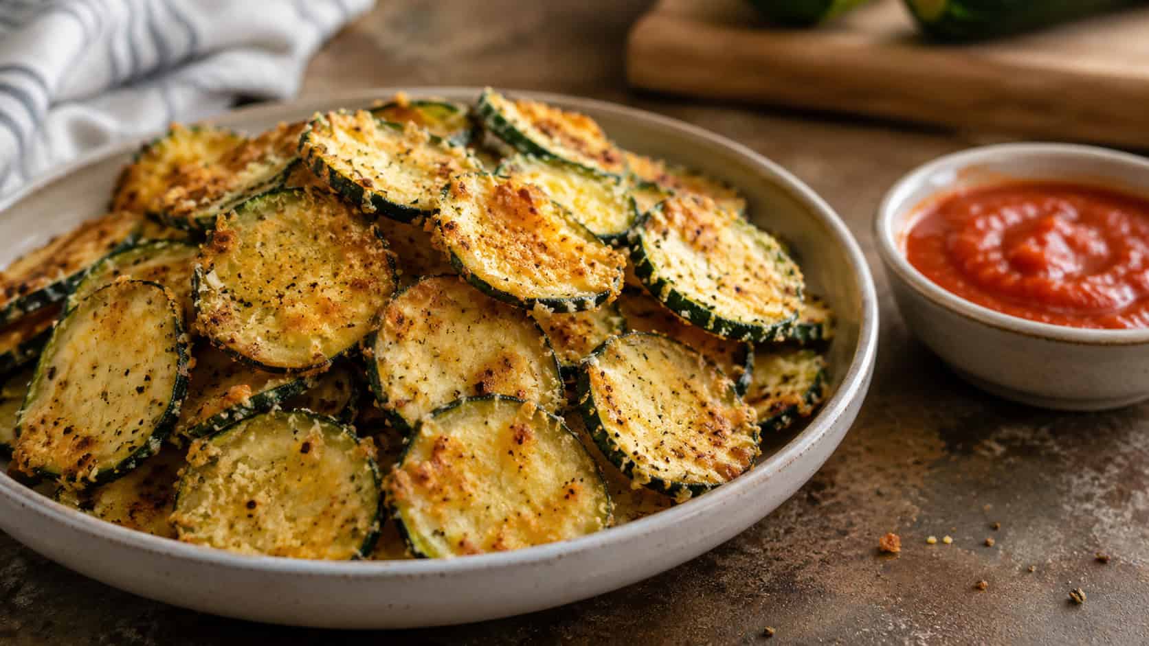 crispy parmesan zucchini chips piled in a shallow bowl in a wide horizontal shot, a small dish of marinara alongside, rustic countertop, warm natural light, shallow depth of field, landscape orientation