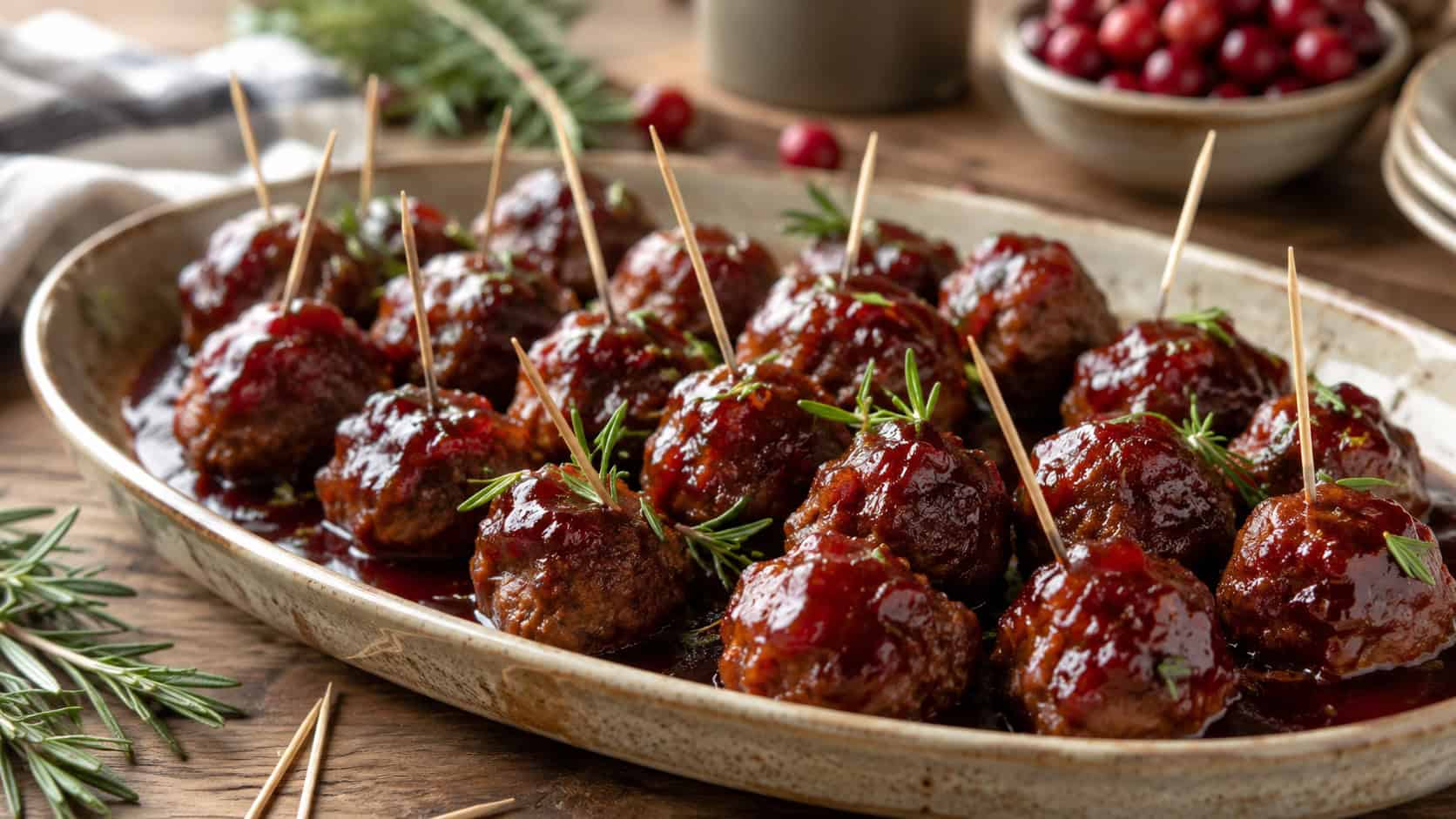 glossy cranberry-glazed meatballs in a rustic serving dish in a wide horizontal shot, sauce pooling around them, scattered toothpicks and rosemary, warm natural light, shallow depth of field, landscape orientation