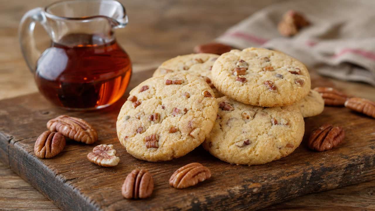 golden pecan sandie cookies with visible nuts on a rustic wooden board in a wide horizontal shot, a small pitcher of maple syrup and scattered pecans nearby, warm natural light, shallow depth of field, landscape orientation