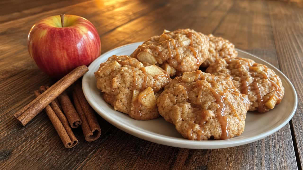 soft spiced cookies with visible apple pieces and caramel drizzle on a wooden table in a wide horizontal shot, a whole red apple and cinnamon sticks beside them, warm golden light, shallow depth of field, landscape orientation