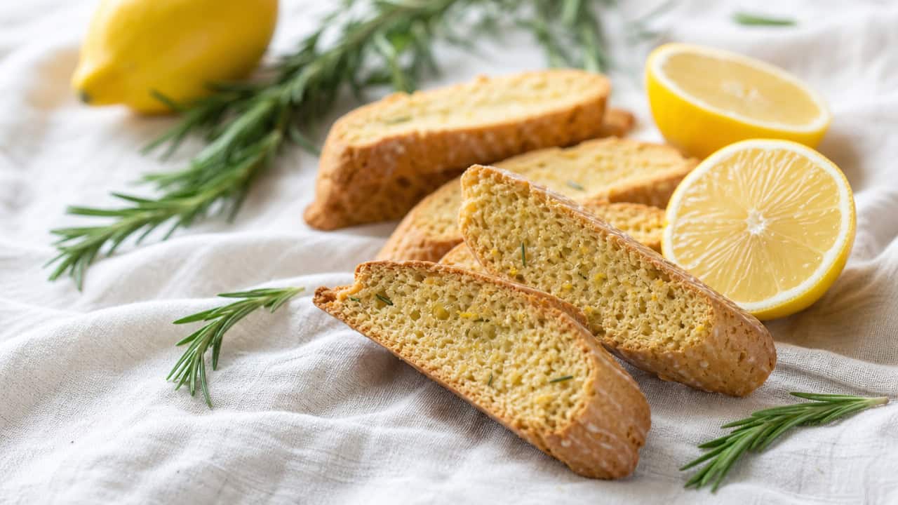 lemon rosemary biscotti arranged on a pale linen cloth in a wide horizontal shot, fresh rosemary sprigs and lemon halves beside them, bright airy natural light, shallow depth of field, landscape orientation