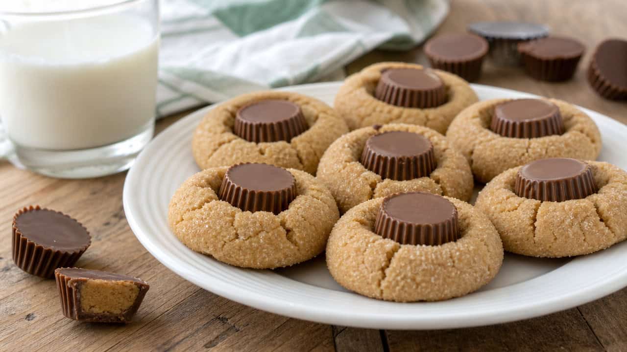 sugar-rolled peanut butter cookies each topped with a peanut butter cup on a white plate in a wide horizontal shot, a glass of milk and scattered cups nearby, soft natural light, shallow depth of field, landscape orientation