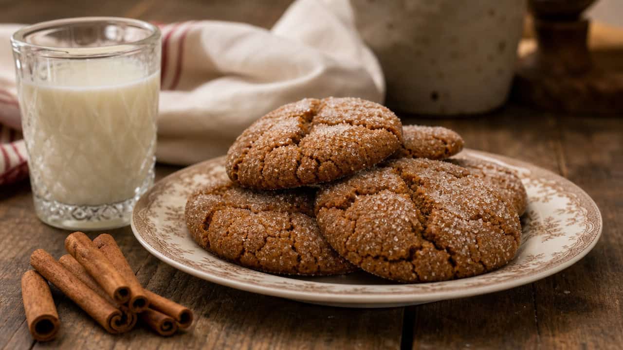 crackle-topped molasses cookies dusted with sugar stacked on a vintage plate in a wide horizontal shot, a glass of milk and cinnamon sticks beside them, warm cozy light, shallow depth of field, landscape orientation