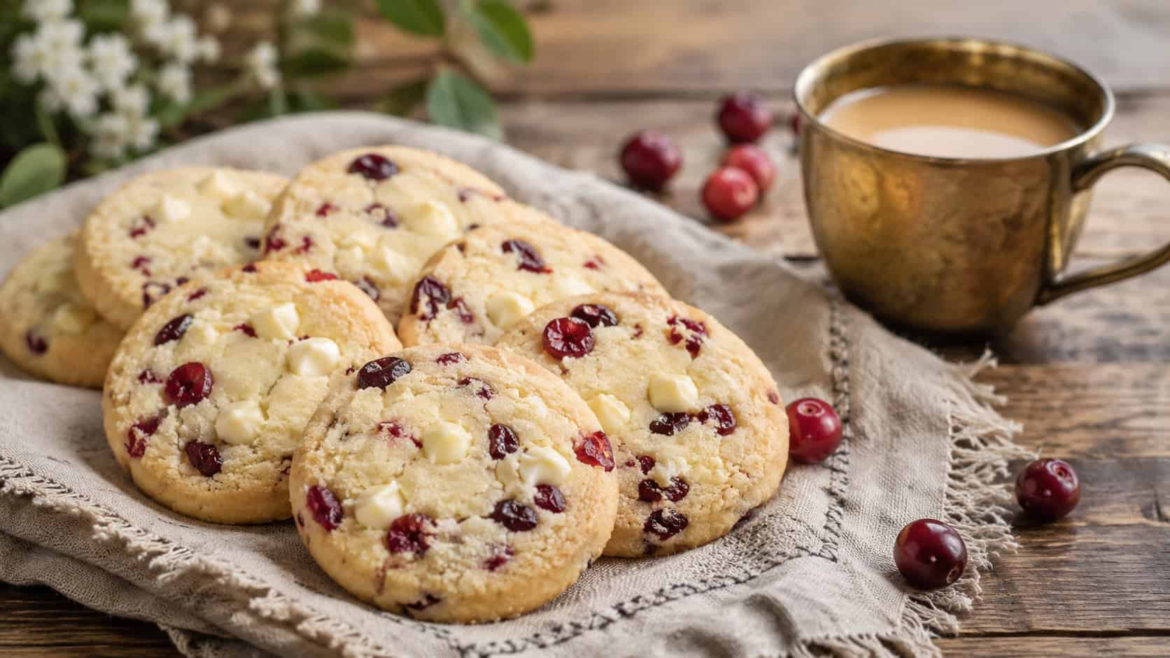 round shortbread cookies dotted with red cranberries and white chocolate on a rustic linen napkin in a wide horizontal shot, a few loose cranberries and a brass cup of tea nearby, warm natural light, shallow depth of field, landscape orientation