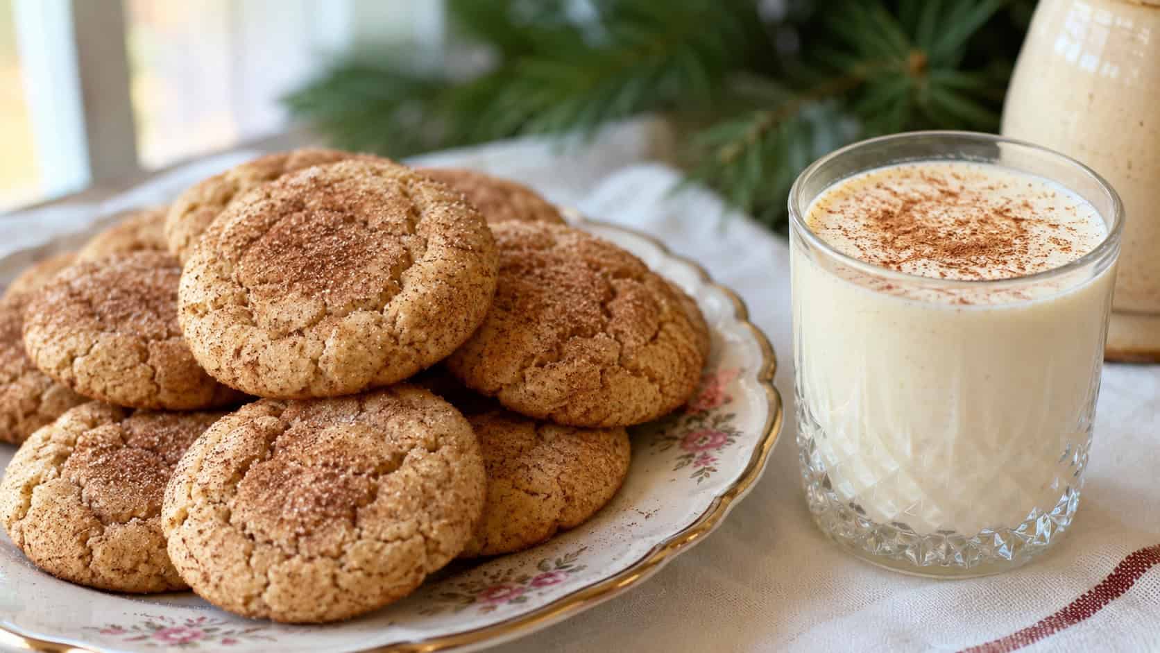 cinnamon-sugar snickerdoodle cookies with crackled tops piled on a vintage plate in a wide horizontal shot, a glass of eggnog dusted with nutmeg beside them, soft morning light, shallow depth of field, landscape orientation