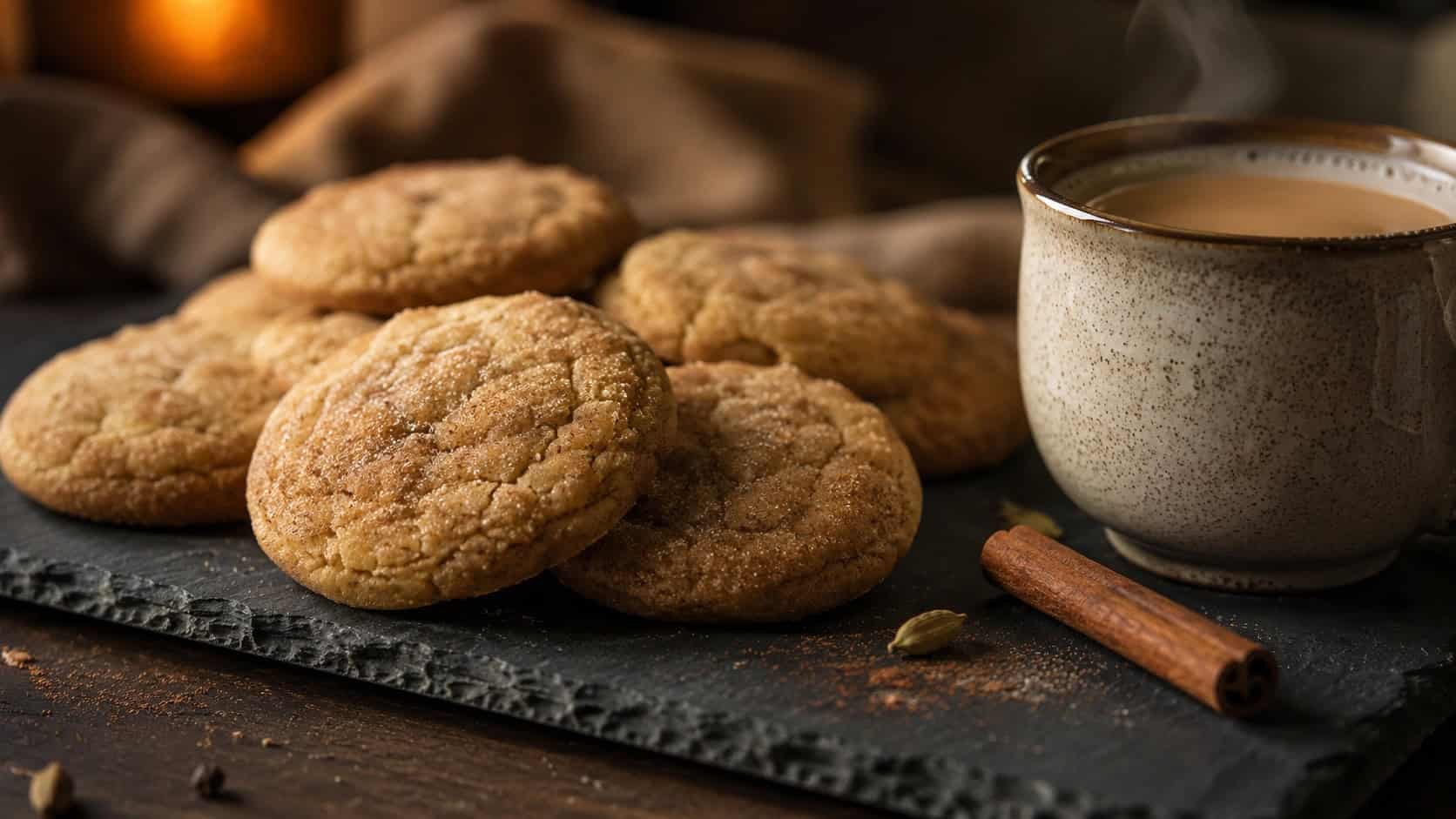 soft golden chai-spiced sugar cookies dusted with sugar on a dark slate board in a wide horizontal shot, a steaming mug of chai and a cinnamon stick alongside, warm moody light, shallow depth of field, landscape orientation