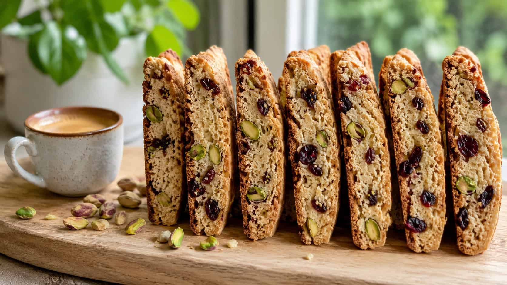 sliced cranberry pistachio biscotti standing upright on a wooden cutting board in a wide horizontal shot, an espresso cup and scattered pistachios beside them, bright natural light, shallow depth of field, landscape orientation