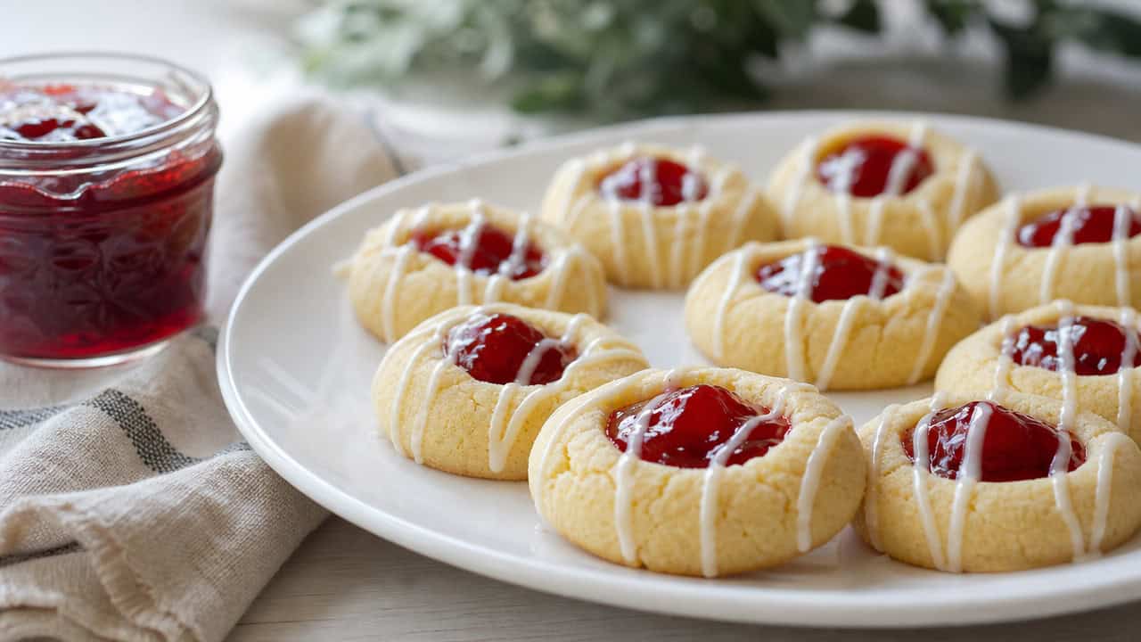buttery thumbprint cookies with glossy red cherry centers and white icing drizzle on a white plate in a wide horizontal shot, a small jar of jam and a linen napkin nearby, soft natural light, shallow depth of field, landscape orientation