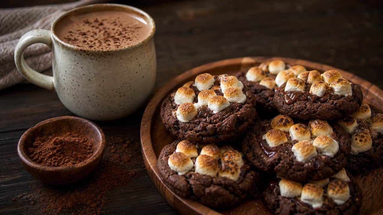 rich chocolate cookies topped with golden toasted marshmallows on a dark wooden table in a wide horizontal shot, a mug of hot cocoa with cocoa powder nearby, warm cozy light, shallow depth of field, landscape orientation
