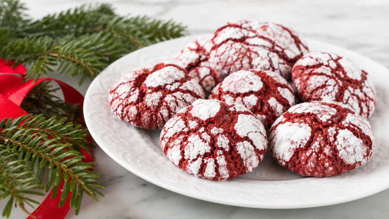 bright red velvet crinkle cookies with cracked powdered-sugar tops on a white ceramic plate in a wide horizontal shot, evergreen sprigs and red ribbon beside them, soft bright light, shallow depth of field, landscape orientation