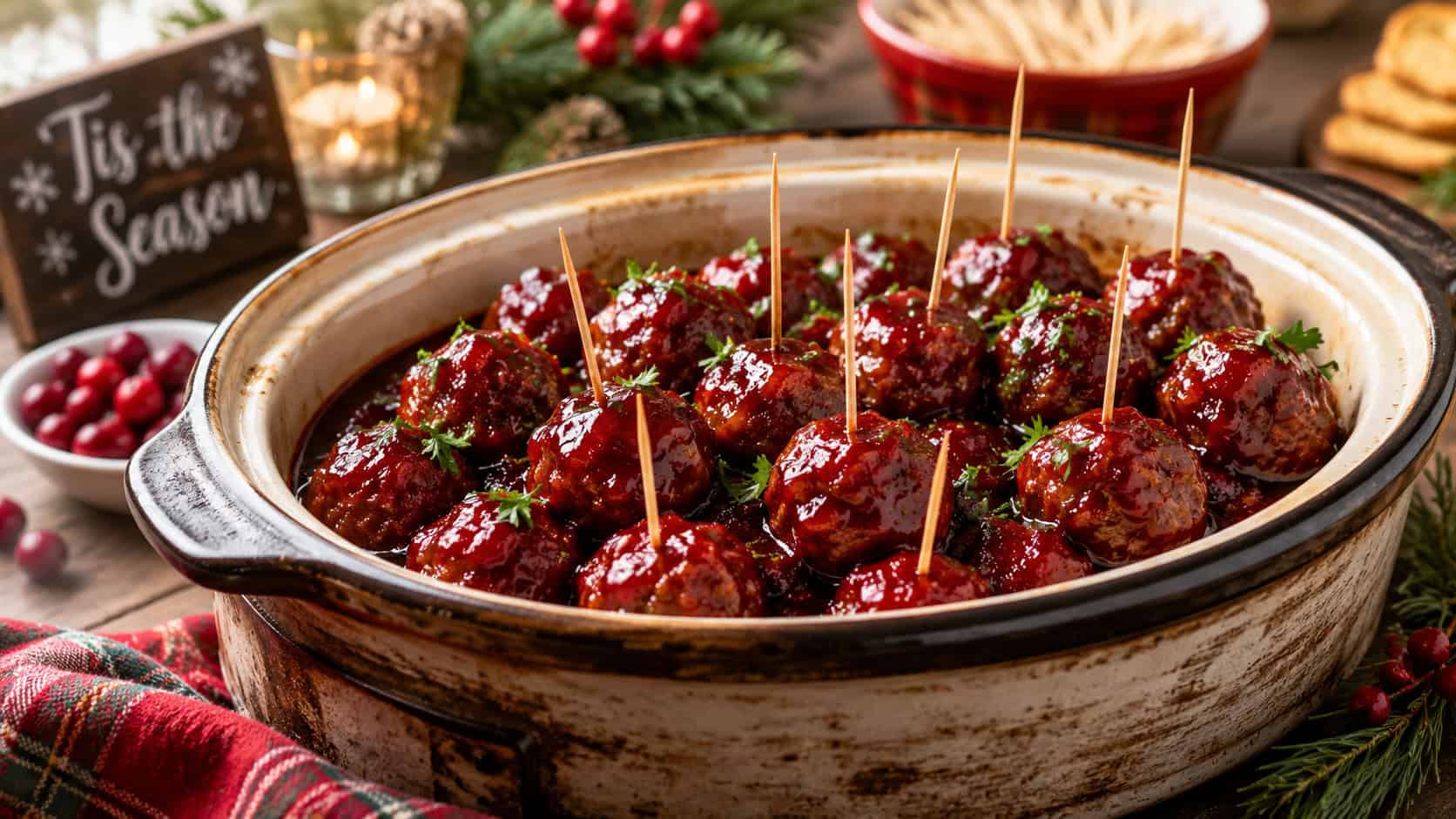 glossy cranberry meatballs with toothpicks in a wide horizontal shot, in a rustic slow cooker crock with parsley garnish on a holiday appetizer table, natural light, shallow depth of field, landscape orientation