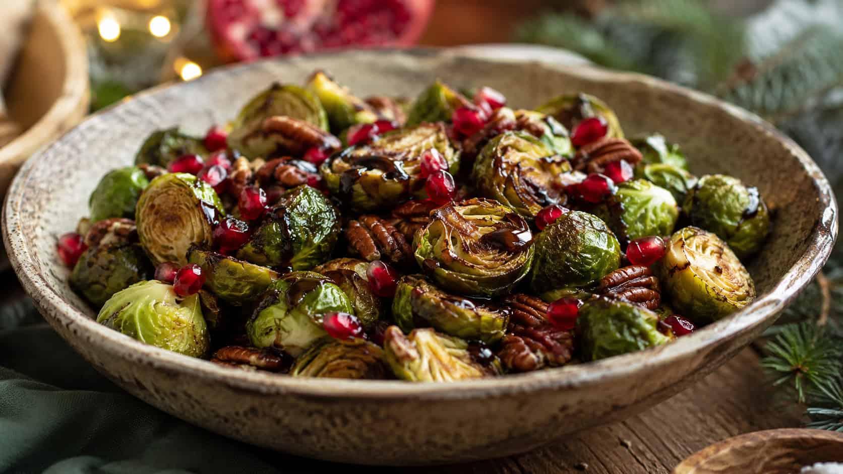 crispy roasted Brussels sprouts with pomegranate seeds and balsamic glaze in a wide horizontal shot, in a rustic bowl with toasted pecans on a holiday table, natural light, shallow depth of field, landscape orientation