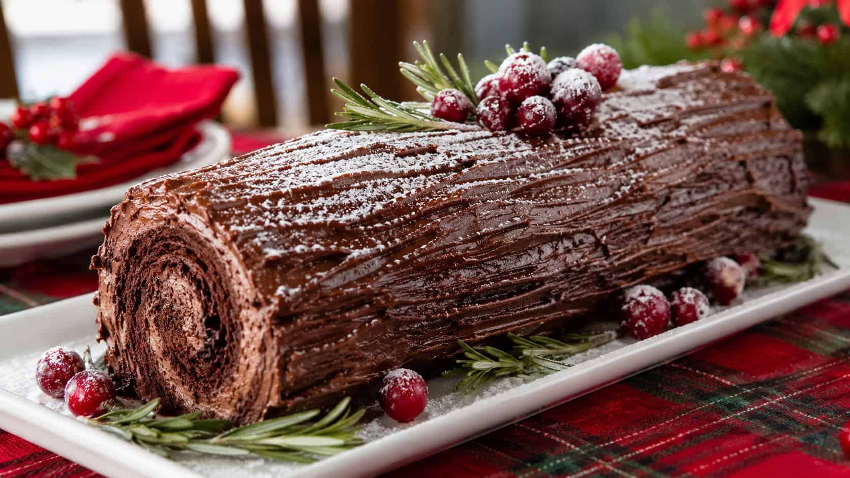 a chocolate yule log cake with bark-textured frosting and powdered sugar snow in a wide horizontal shot, on a long platter with cranberries and rosemary on a festive holiday table, natural light, shallow depth of field, landscape orientation