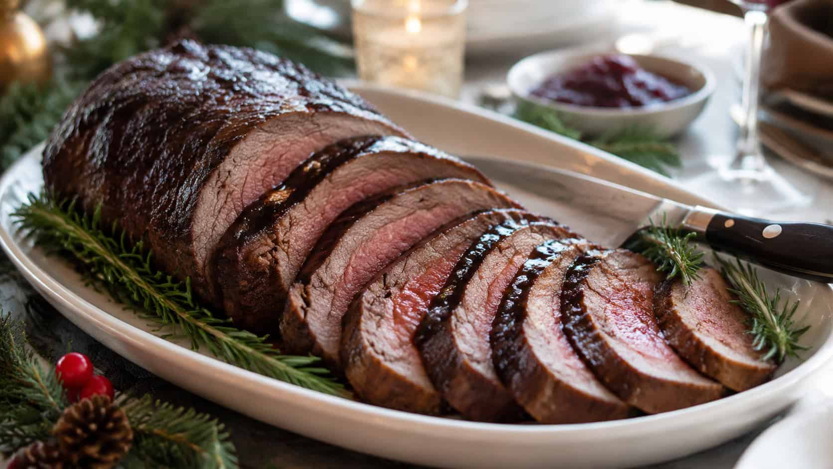 sliced balsamic-glazed roast beef with a rosy center in a wide horizontal shot, fanned on a platter with rosemary and a carving knife on an elegant holiday table, natural light, shallow depth of field, landscape orientation