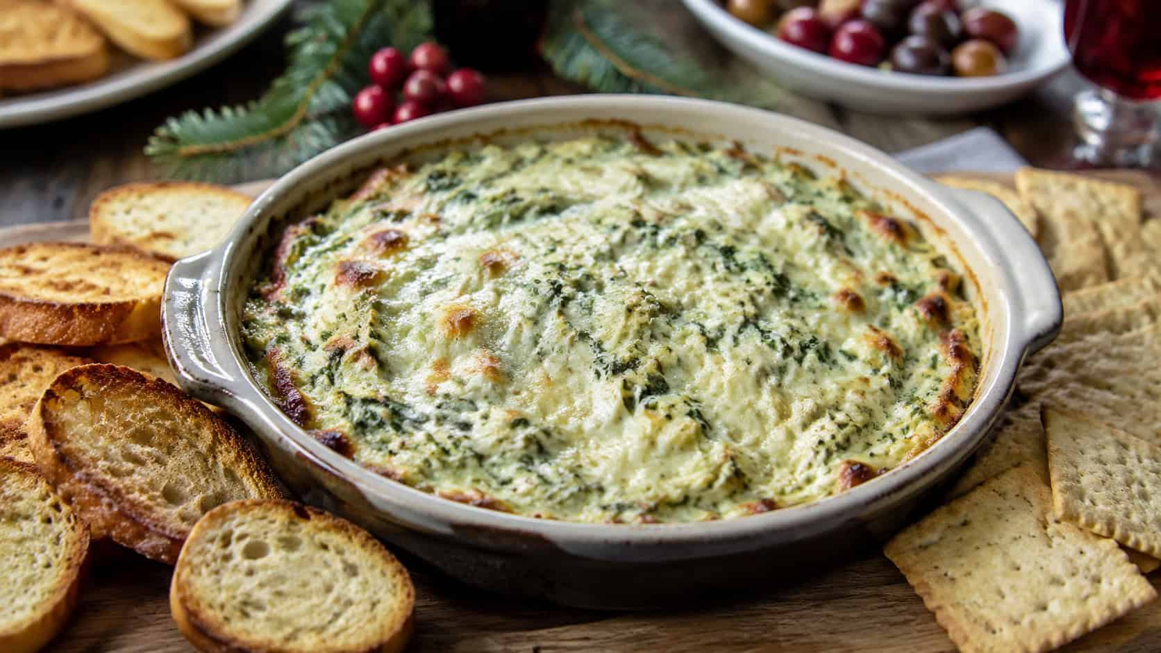 bubbly golden spinach artichoke dip in a wide horizontal shot, in a rustic dish with toasted bread slices and crackers on a holiday appetizer table, natural light, shallow depth of field, landscape orientation