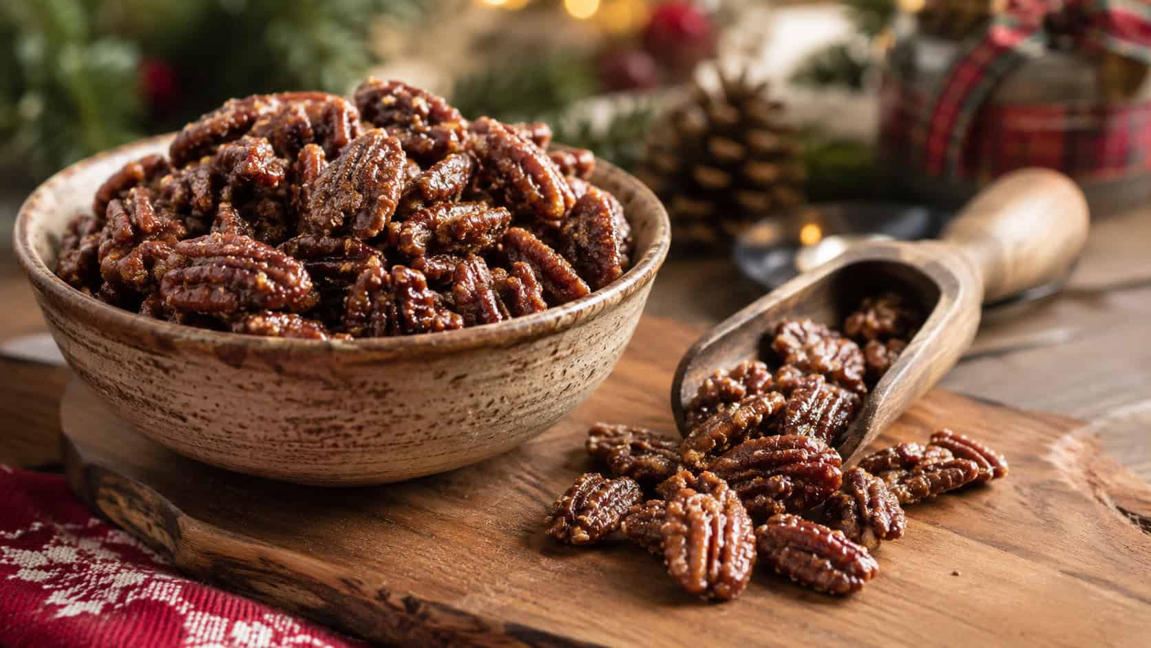 glistening cinnamon sugar candied pecans in a wide horizontal shot, piled in a rustic bowl with a scoop spilling onto a wooden board on a festive holiday table, natural light, shallow depth of field, landscape orientation