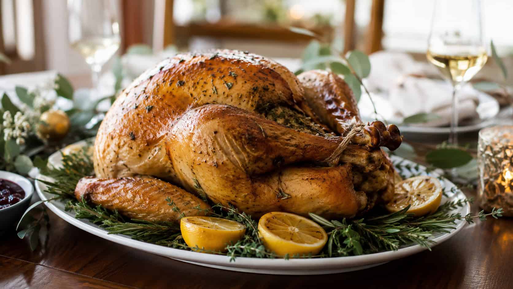 a golden lemon-herb roasted turkey in a wide horizontal shot, on a platter with lemon halves, rosemary, and herbs on an elegant holiday table, natural light, shallow depth of field, landscape orientation