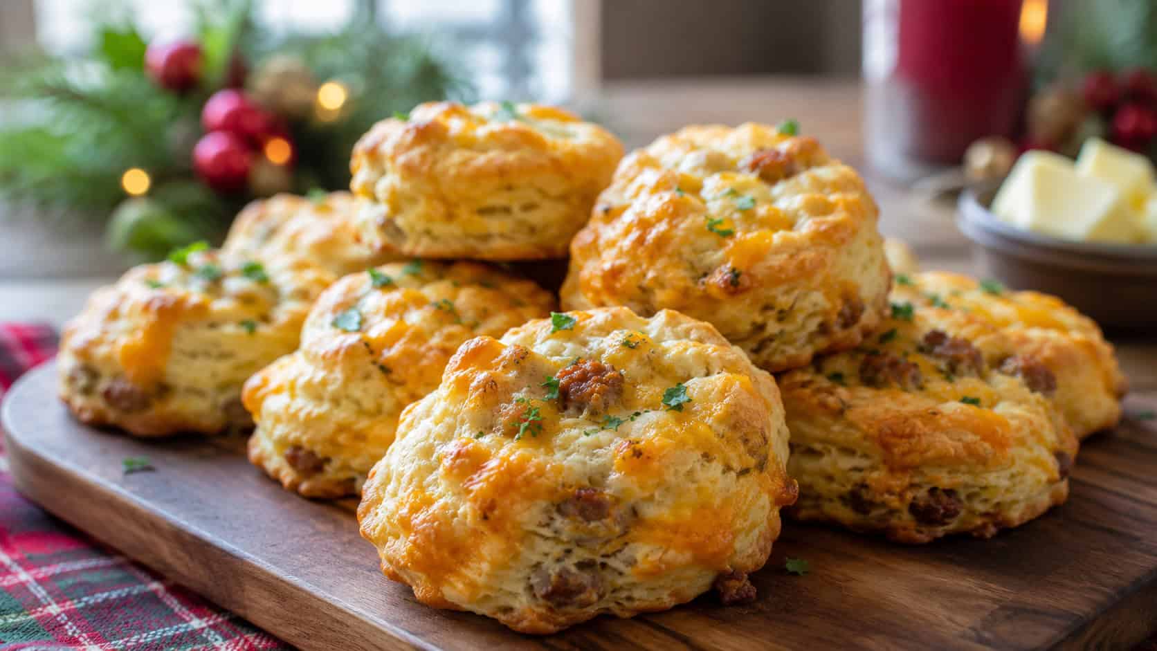 golden cheddar sausage biscuits in a wide horizontal shot, piled on a wooden board with melted butter sheen and parsley on a cozy holiday table, natural light, shallow depth of field, landscape orientation