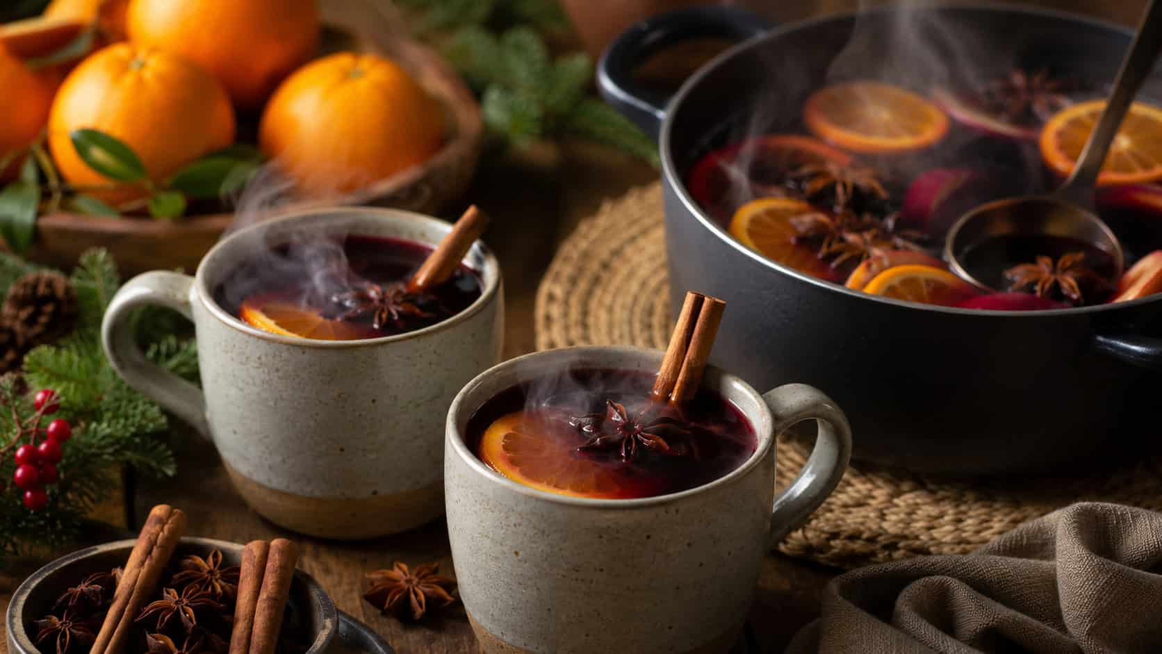 steaming spiced mulled wine in a wide horizontal shot, in mugs and a pot with orange slices, cinnamon sticks, and star anise on a cozy holiday table, natural light, shallow depth of field, landscape orientation