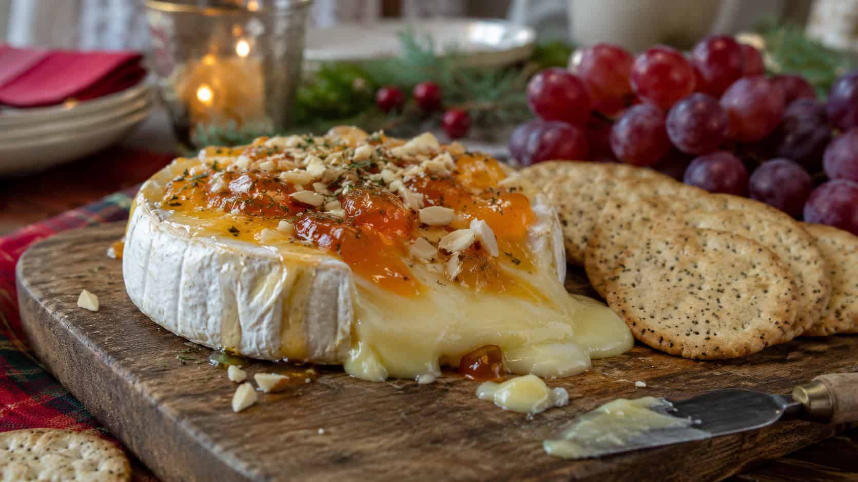 warm baked brie topped with golden apricot preserves and almonds in a wide horizontal shot, oozing onto a wooden board with crackers and grapes on a holiday table, natural light, shallow depth of field, landscape orientation