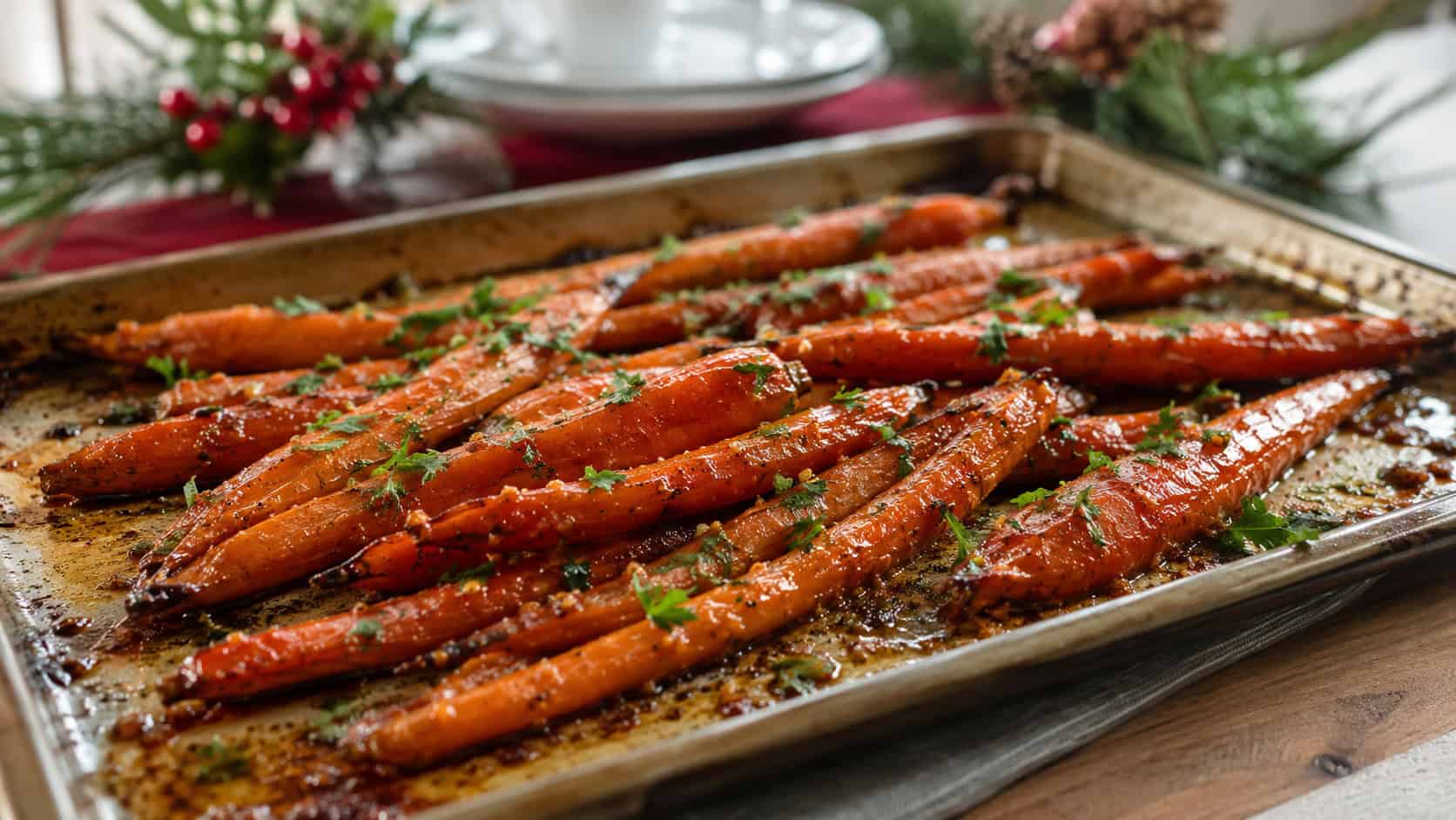caramelized honey-garlic roasted carrots in a wide horizontal shot, on a sheet pan glistening with glaze and fresh parsley on a holiday table, natural light, shallow depth of field, landscape orientation