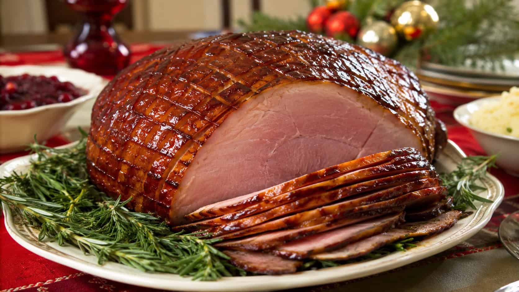a glossy maple-mustard glazed ham in a wide horizontal shot, on a serving platter with caramelized shine and rosemary sprigs on a festive holiday table, natural light, shallow depth of field, landscape orientation