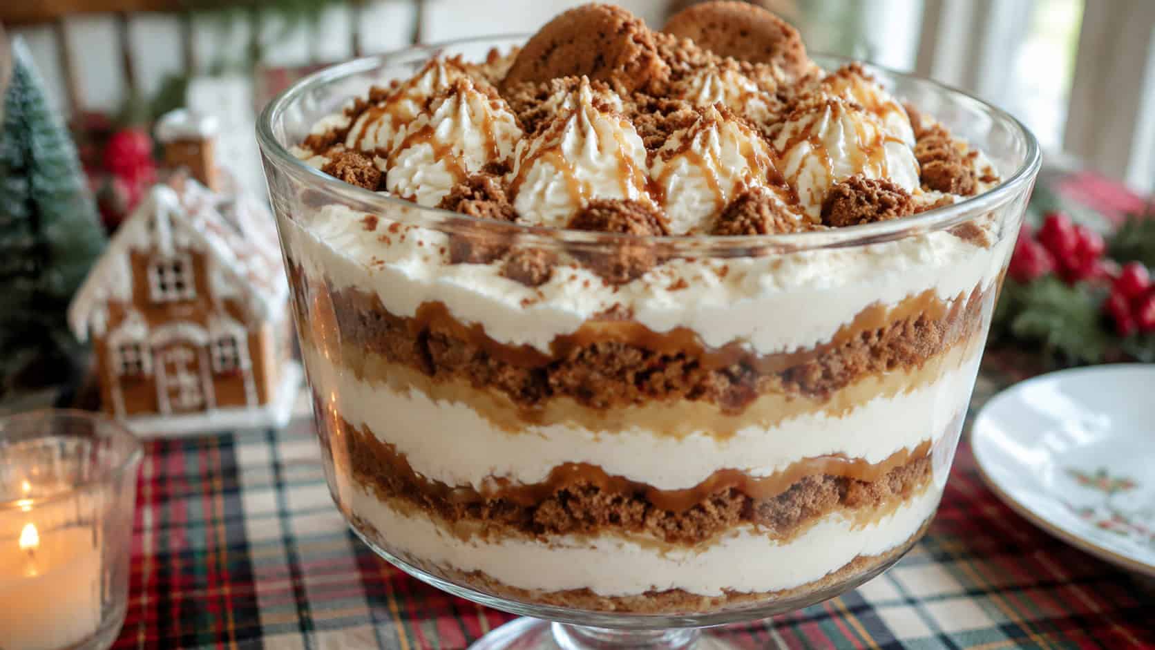 a layered gingerbread trifle in a wide horizontal shot, in a tall glass bowl showing cream and caramel layers with gingersnap crumbs on a festive holiday table, natural light, shallow depth of field, landscape orientation