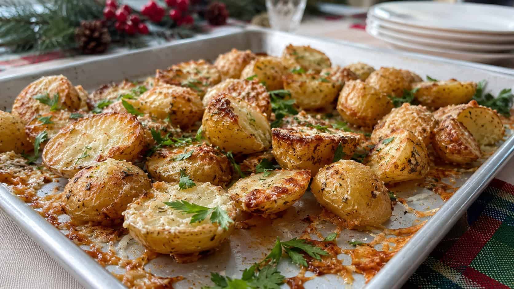 crispy parmesan garlic baby potatoes in a wide horizontal shot, on a sheet pan with golden cheesy edges and parsley on a holiday table, natural light, shallow depth of field, landscape orientation